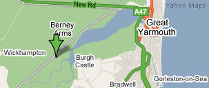 Map of Berney Arms in relation to Great Yarmouth