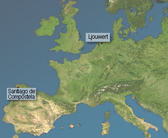 European map showing Ljouwert and Santiago de Compostella