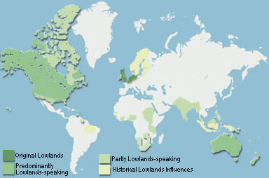 Map with the original Lowlands,  predominantly Lowlands-speaking regions, partly Lowlands-speaking regions and  regions with historical Lowlands influences marked